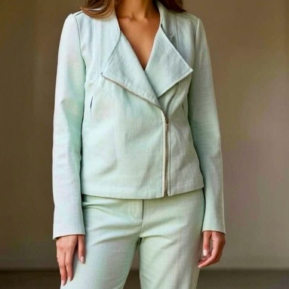 STOOSH mint green textured cotton blend moto style zip up lightweight jacket